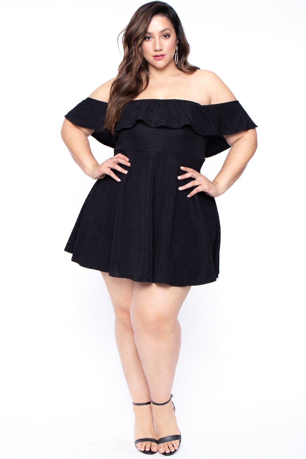 Plus Size Texture Frill Dress - Black - Curvy Sense