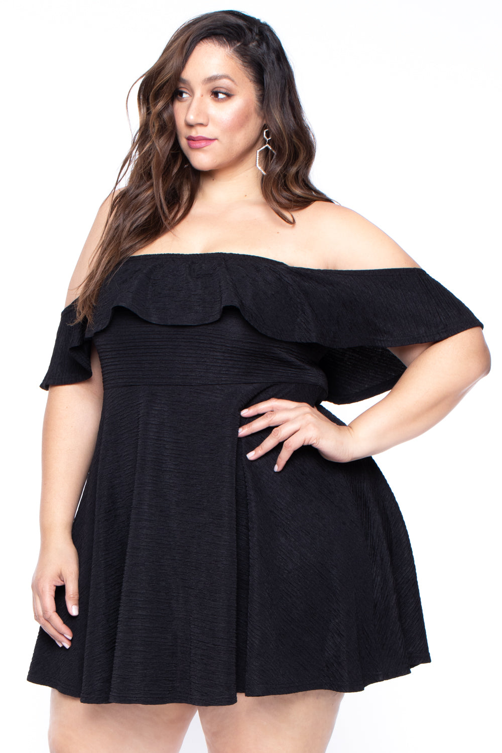 Plus Size Texture Frill Dress - Black - Curvy Sense