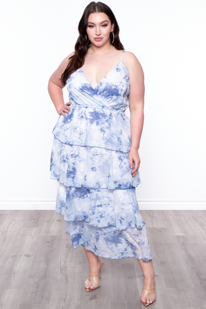 Plus Size Tie Dye Sheared Maxi Dress - Blue - Curvy Sense