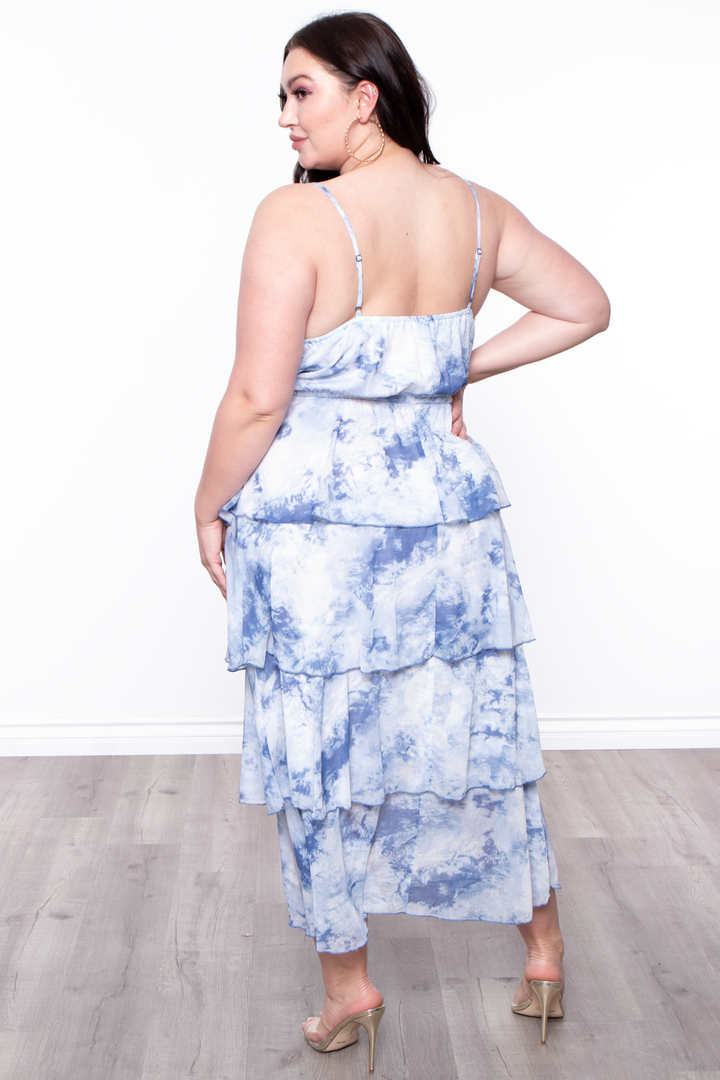 Plus Size Tie Dye Sheared Maxi Dress - Blue - Curvy Sense