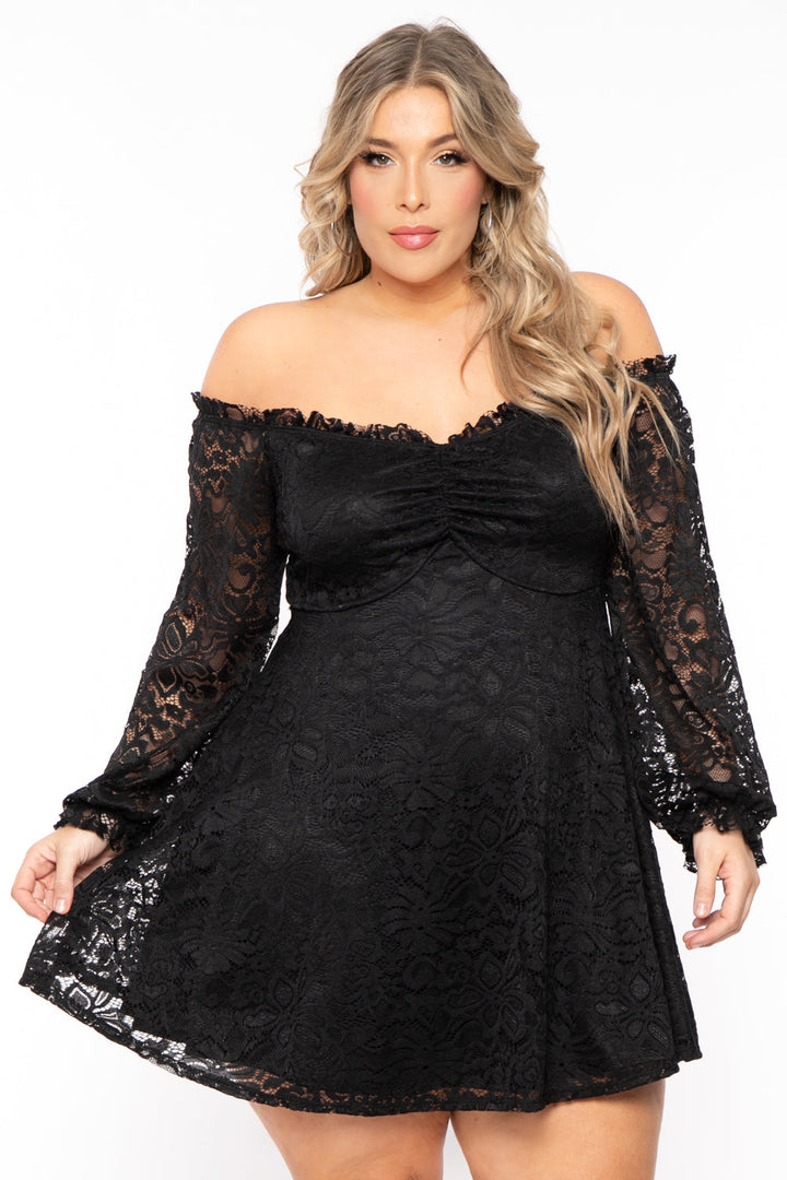 Curvy Sense Dresses Plus Size Veronica Long Sleeve Lace Dress- Black