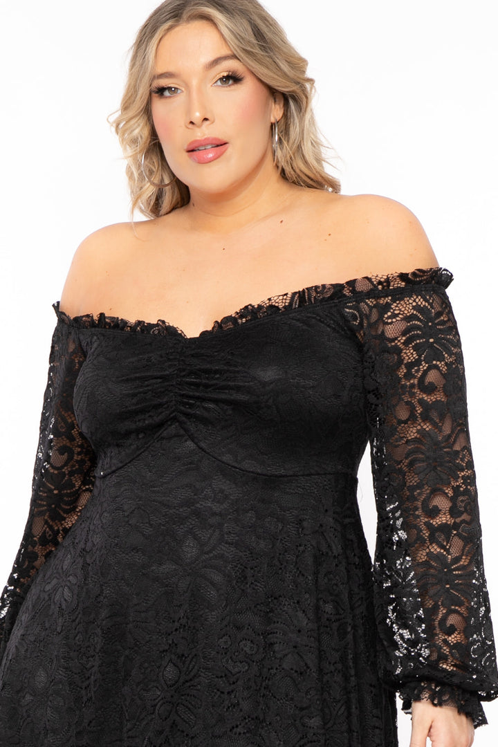 Curvy Sense Dresses Plus Size Veronica Long Sleeve Lace Dress- Black