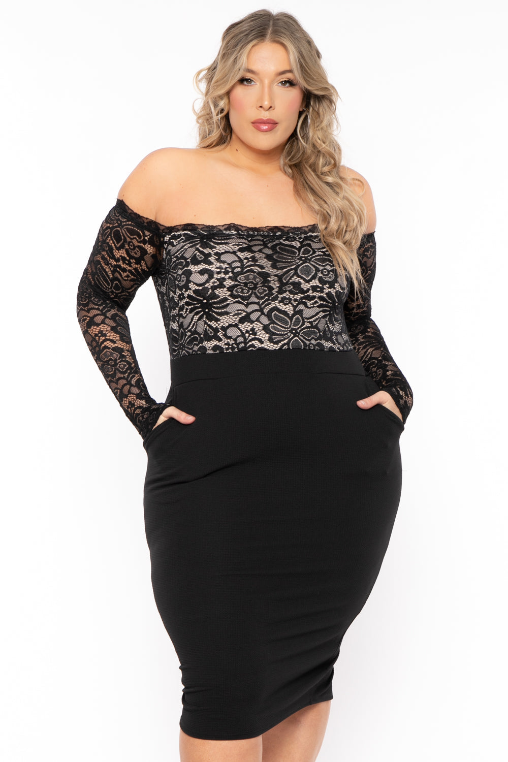 Curvy Sense Dresses Plus Size Yadira  Lace Top Midi Dress - Black