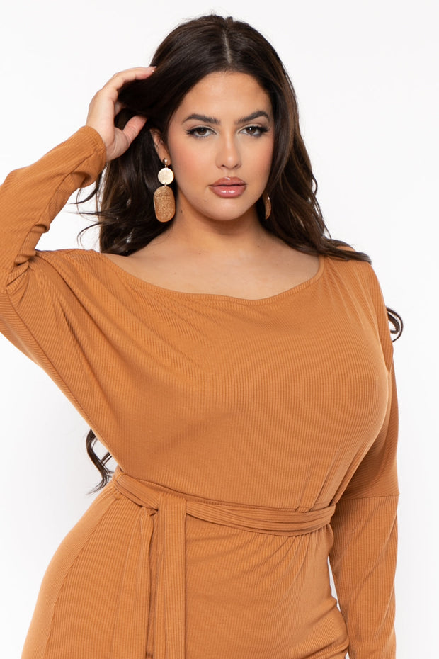 Curvy Sense Dresses Plus Size Zinnia Off Shoulder Ribbed Dress - Camel
