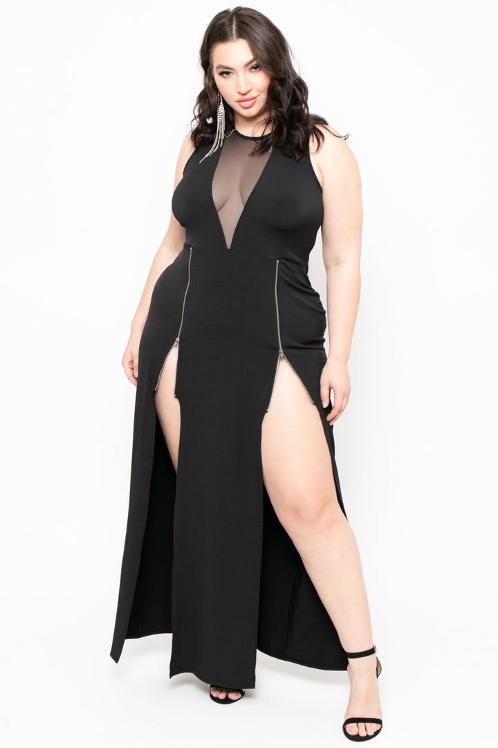 Plus Size Zipper Slit Dress - Black - Curvy Sense