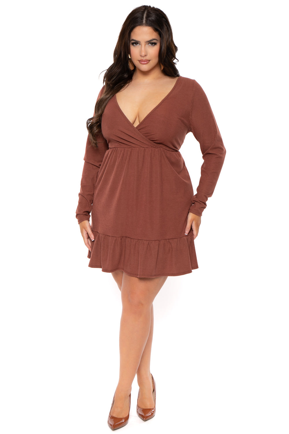 Curvy Sense Dresses Plus Size Zuri Ribbed Flare Dress- Brown