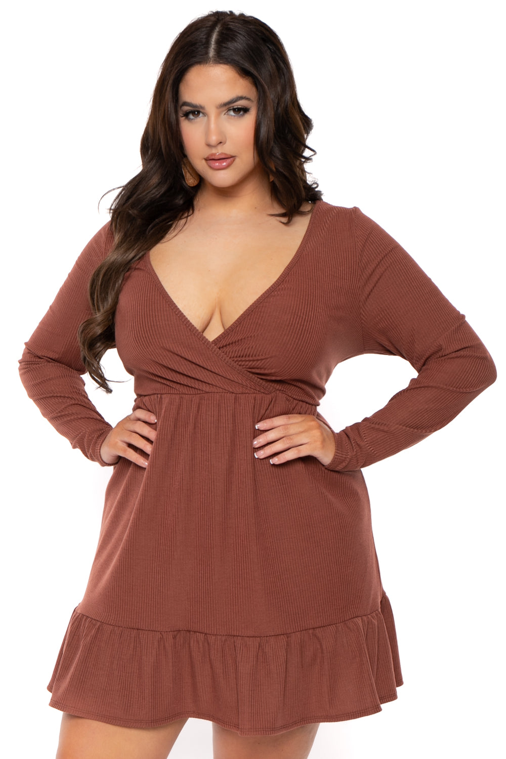 Curvy Sense Dresses 1X / Brown Plus Size Zuri Ribbed Flare Dress- Brown