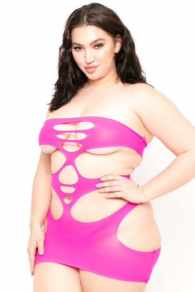 Plus Size Cutout Bodystocking Lingerie - Hot Pink - Curvy Sense