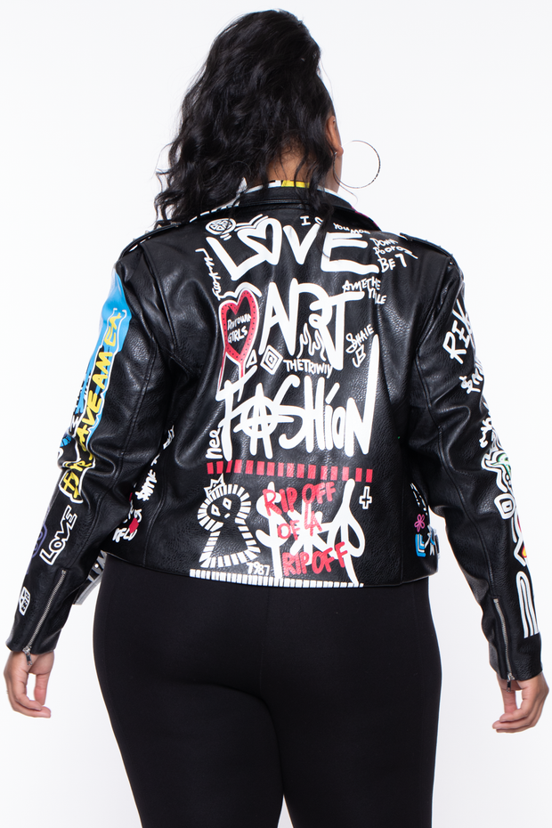 Plus Size Azalea Wang "Love Art" Faux Leather Moto Jacket - Black - Curvy Sense
