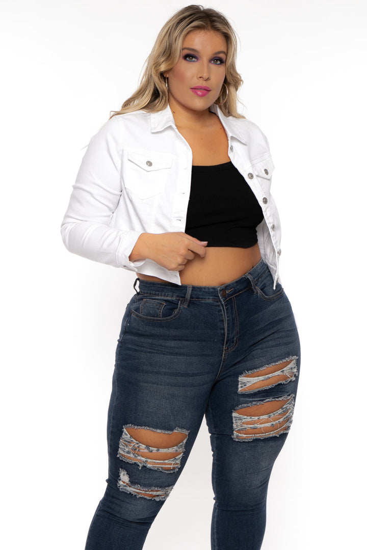 Wax Jean Jackets And Outerwear 1X / White Plus Size Basic Denim Jacket - White