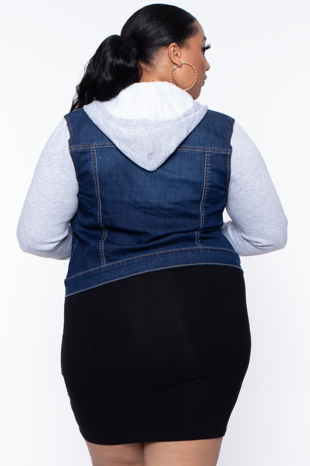 Plus Size Denim Hoodie Trucker Jacket - Dark Wash - Curvy Sense