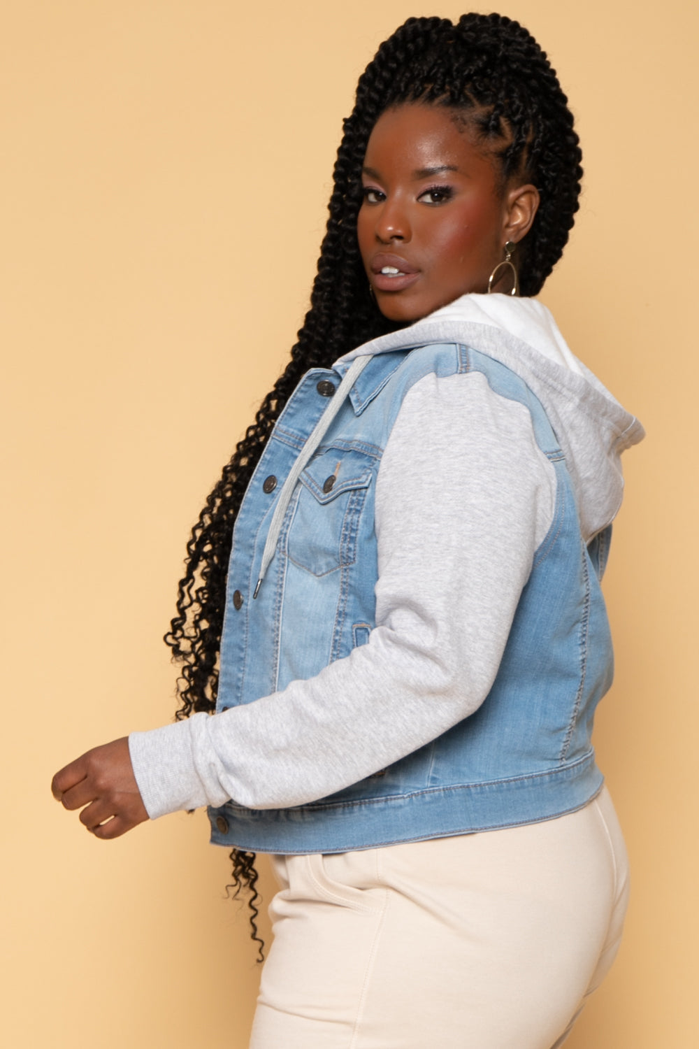 Plus Size Denim Hoodie Trucker Jacket Light Wash