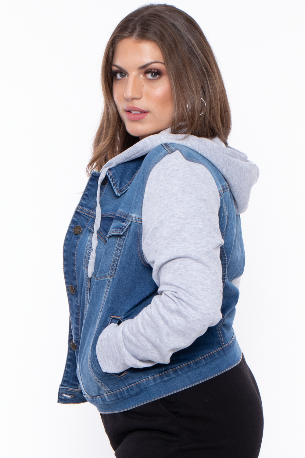 Plus size denim 2025 jacket with hood