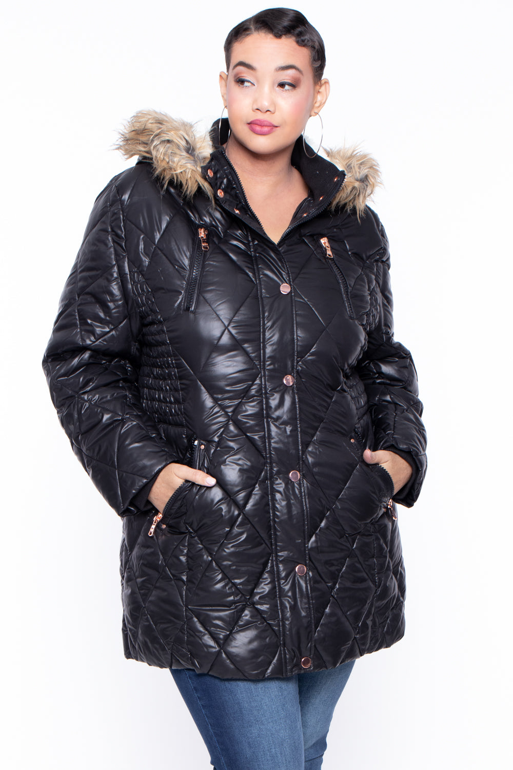 Plus Size Diamond Fur-lined hood Puffer Coat - Black – Curvy Sense
