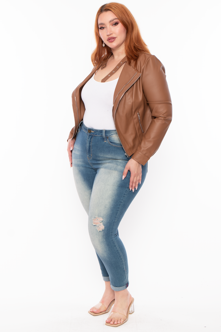 Plus Size Double Zipper Vegan Leather Jacket - Tan - Curvy Sense