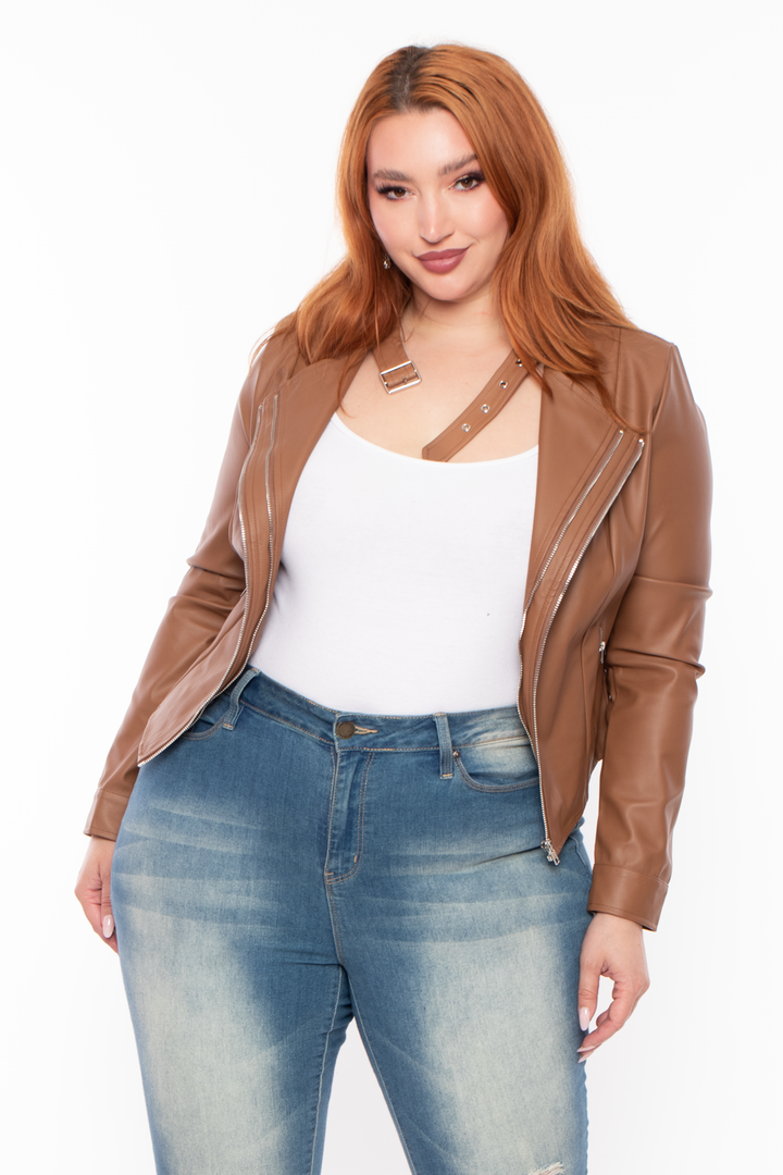 Sky Plus Jackets And Outerwear Plus Size Double Zipper Vegan Leather Jacket - Tan