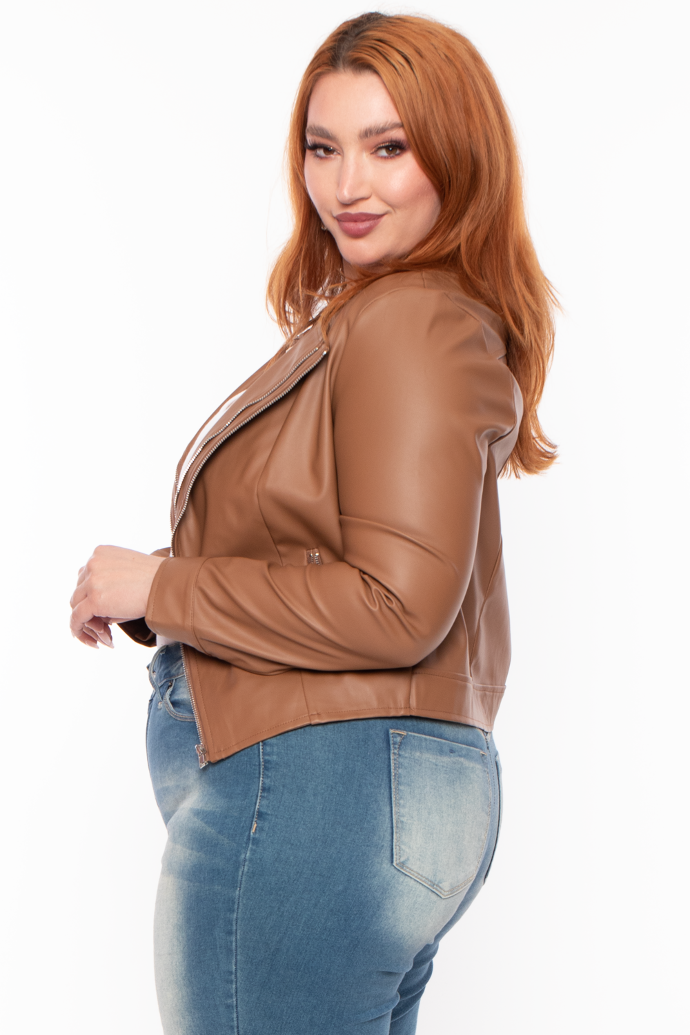 Sky Plus Jackets And Outerwear Plus Size Double Zipper Vegan Leather Jacket - Tan