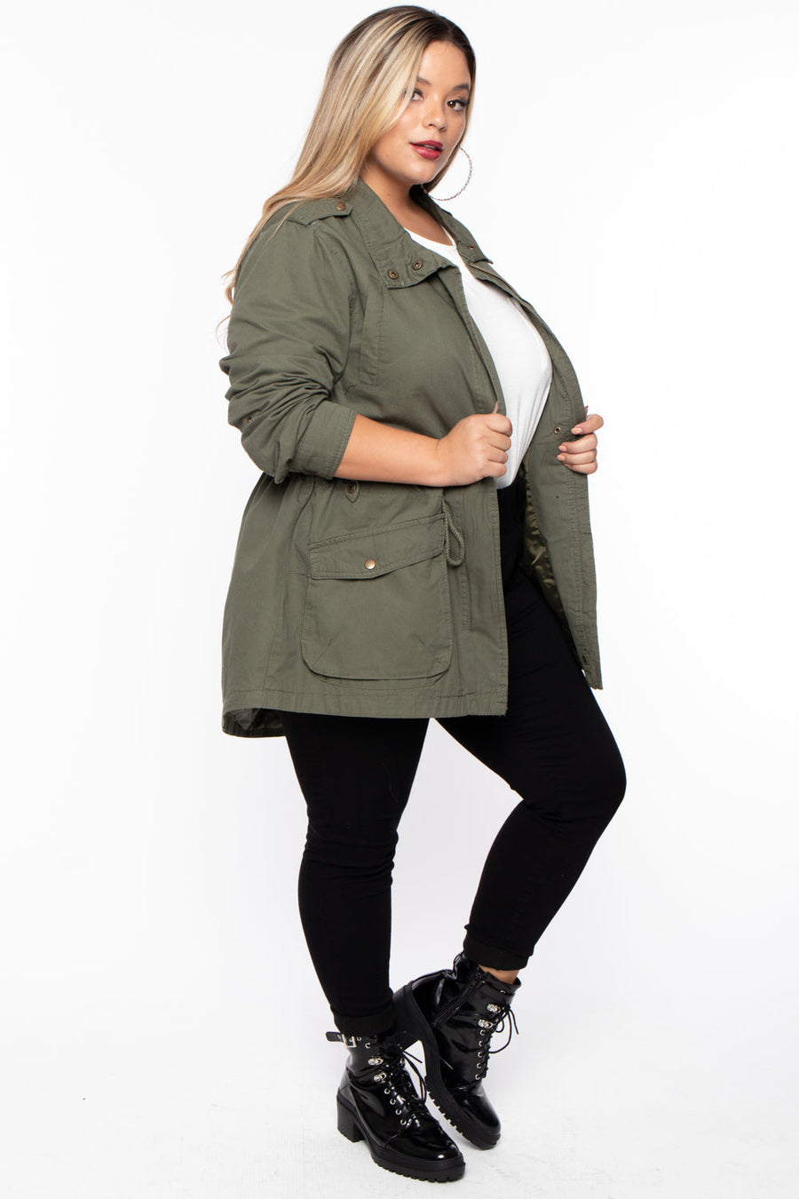 Plus Size Drawstring Utility Jacket Olive Curvy Sense