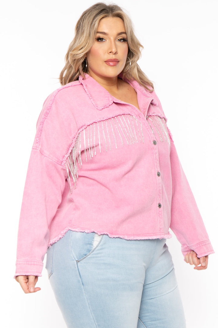 GEE GEE Jackets And Outerwear Plus Size Rhinestone Denim Jacket -  Pink