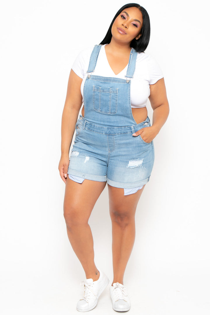 Plus Size Destroyed Basic Denim Overall Shorts - Light Wash - Curvy Sense