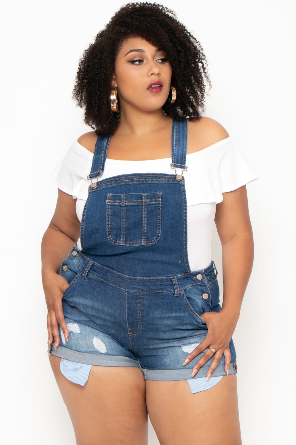 Plus Size Destroyed Basic Denim Overall Shorts - Medium Wash - Curvy Sense