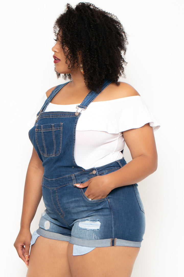 Plus Size Destroyed Basic Denim Overall Shorts - Medium Wash - Curvy Sense
