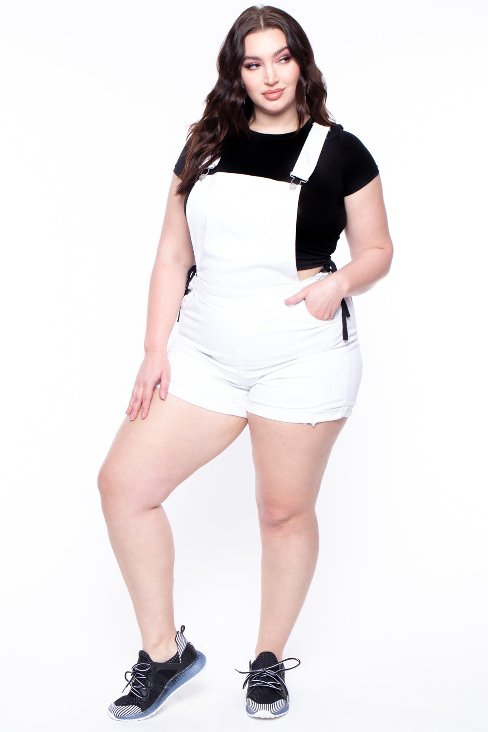 Plus Size Destroyed Basic Denim Overall Shorts - White - Curvy Sense