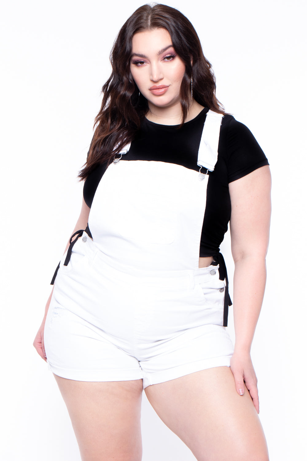 Plus Size Destroyed Basic Denim Overall Shorts - White - Curvy Sense