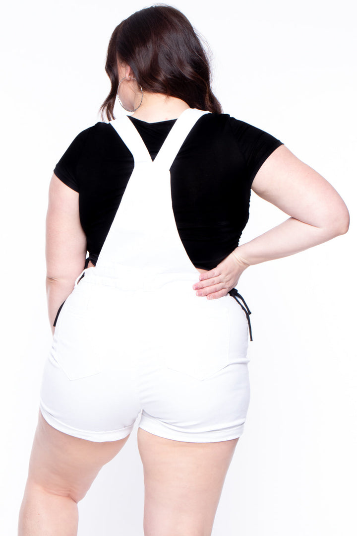 Plus Size Destroyed Basic Denim Overall Shorts - White - Curvy Sense