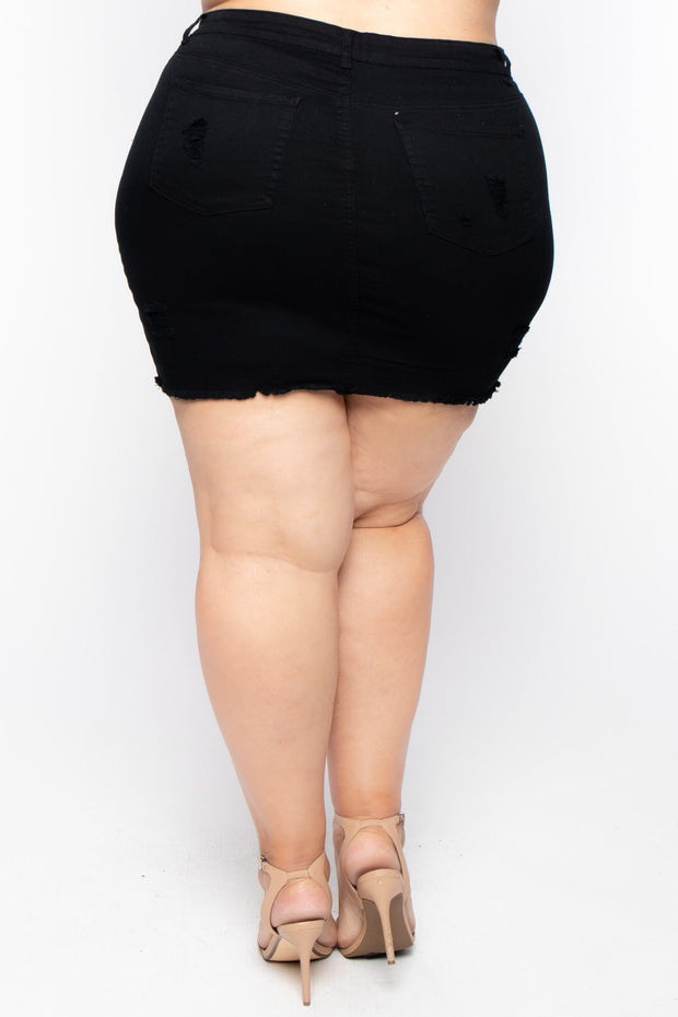 Plus Size Distressed Denim Mini Skirt - Black - Curvy Sense