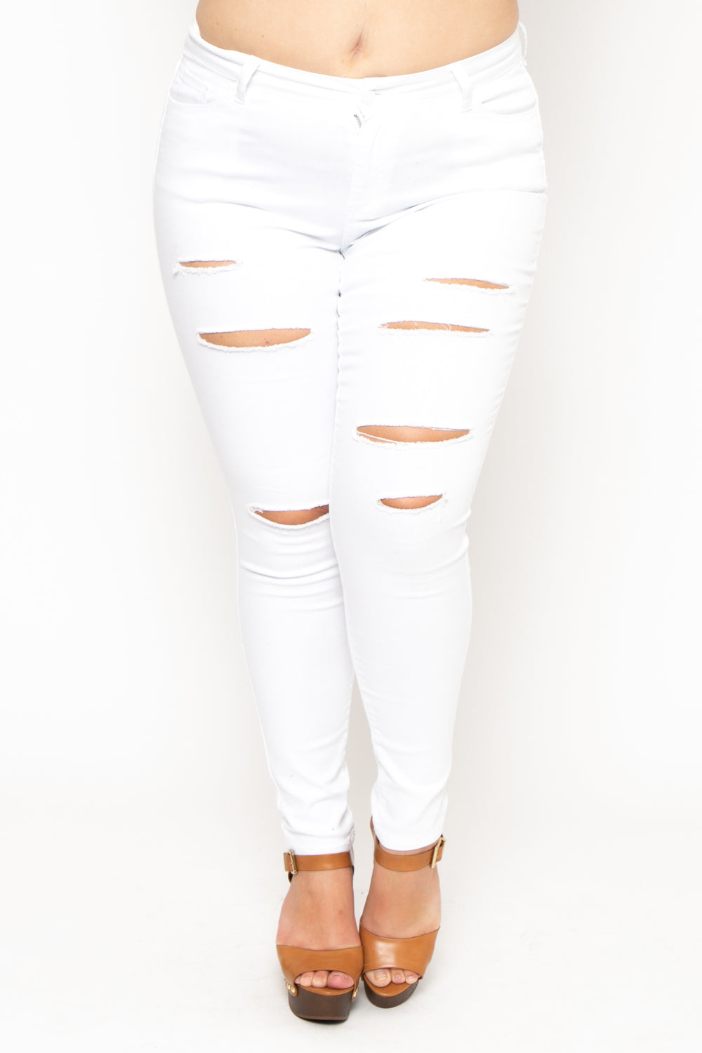 Plus Size Distressed Skinny Girl Jeans - White - Curvy Sense