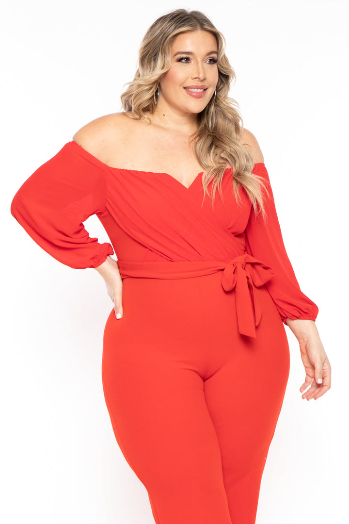 Find Me Jumpsuits and Rompers Plus Size Aryana Cross Over Jumpsuit - Red