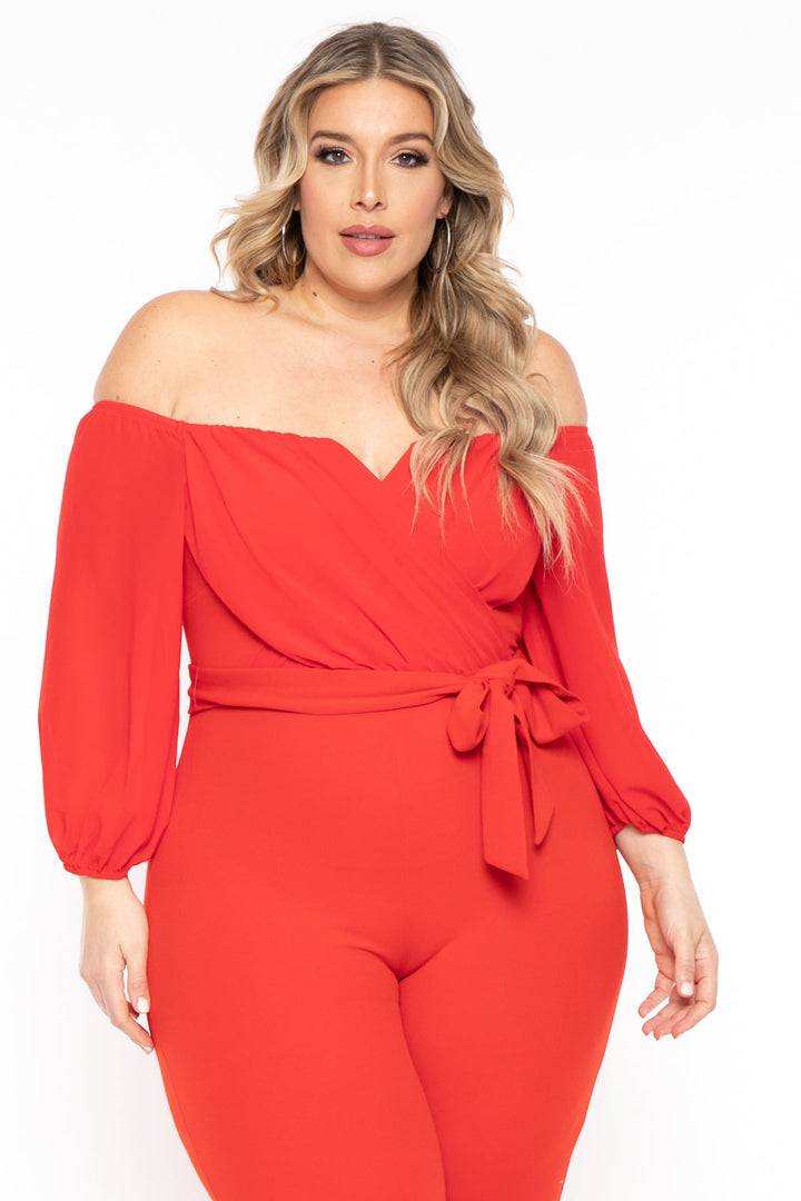 Find Me Jumpsuits and Rompers Plus Size Aryana Cross Over Jumpsuit - Red