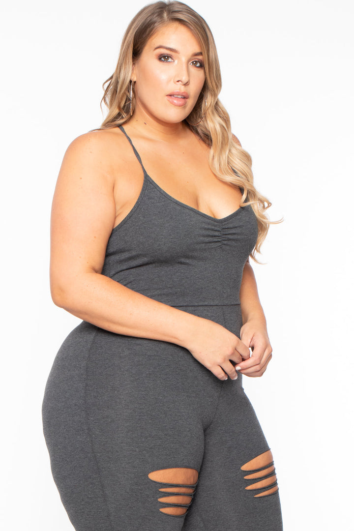 Plus Size Destroyed Catsuit Jumpsuit - Charcoal - Curvy Sense