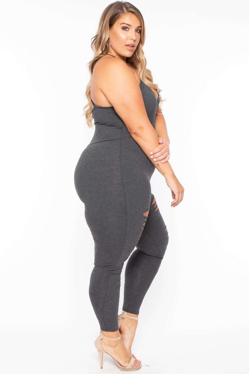 Plus Size Destroyed Catsuit Jumpsuit - Charcoal - Curvy Sense
