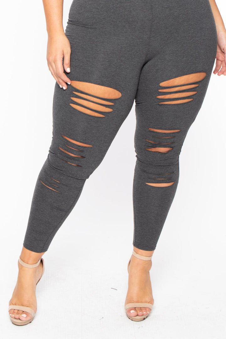 Plus Size Destroyed Catsuit Jumpsuit - Charcoal - Curvy Sense