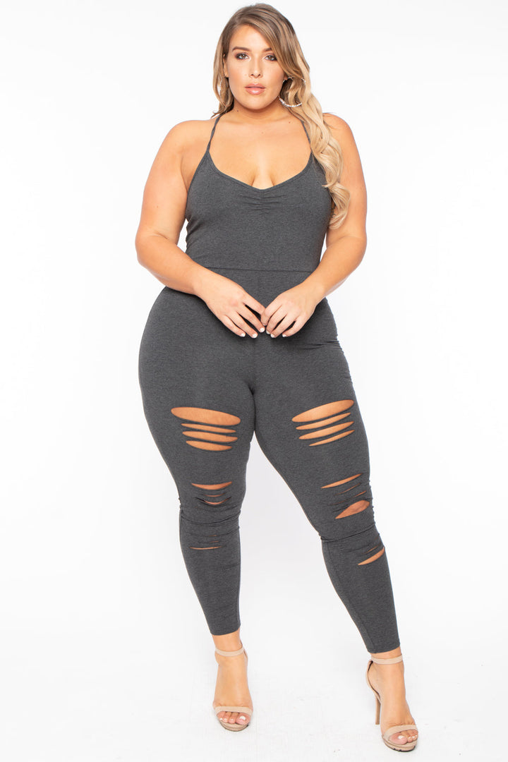 Plus Size Destroyed Catsuit Jumpsuit - Charcoal - Curvy Sense