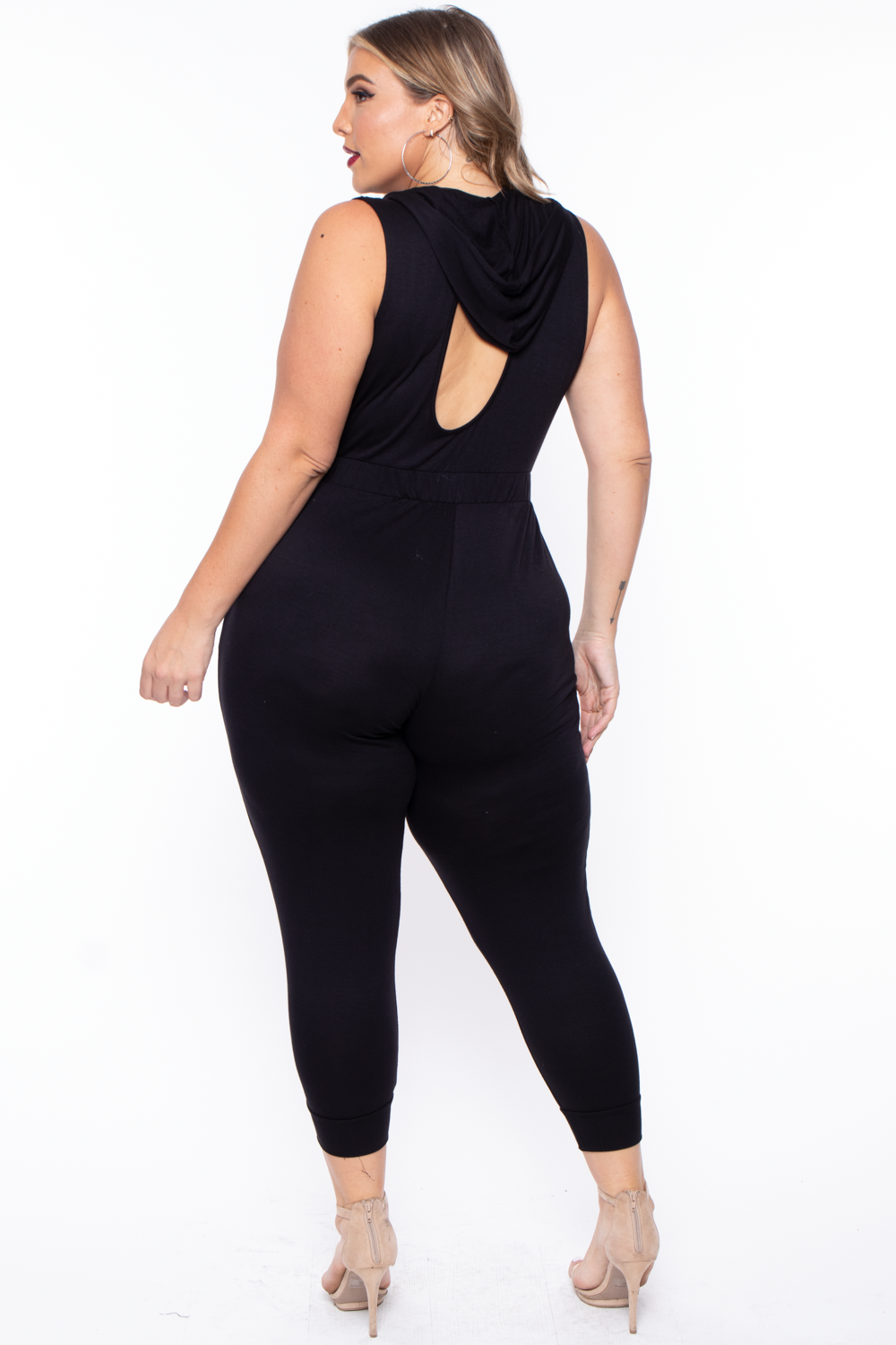 Plus Size Hooded Zip Front Jumpsuit - Black - Curvy Sense