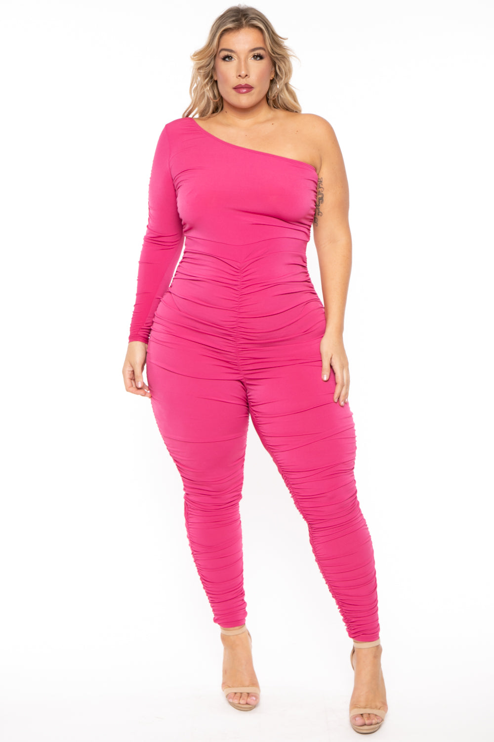 Curvy Sense Jumpsuits and Rompers 1X / Fuchsia Plus Size Jaelyn Ruched Jumpsuit- Fuchsia