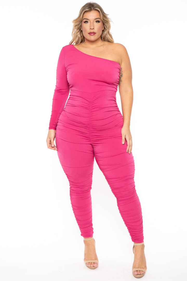 Curvy Sense Jumpsuits and Rompers 1X / Fuchsia Plus Size Jaelyn Ruched Jumpsuit- Fuchsia