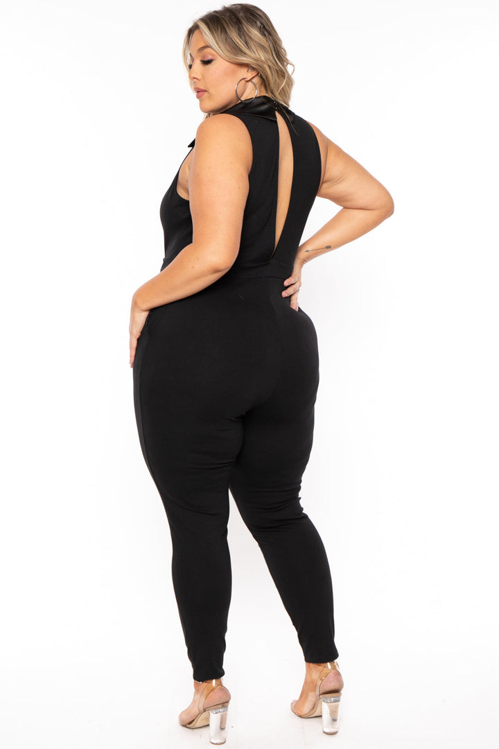 Curvy Sense Jumpsuits and Rompers Plus Size Keilani Satin Collar Jumpsuit - Black