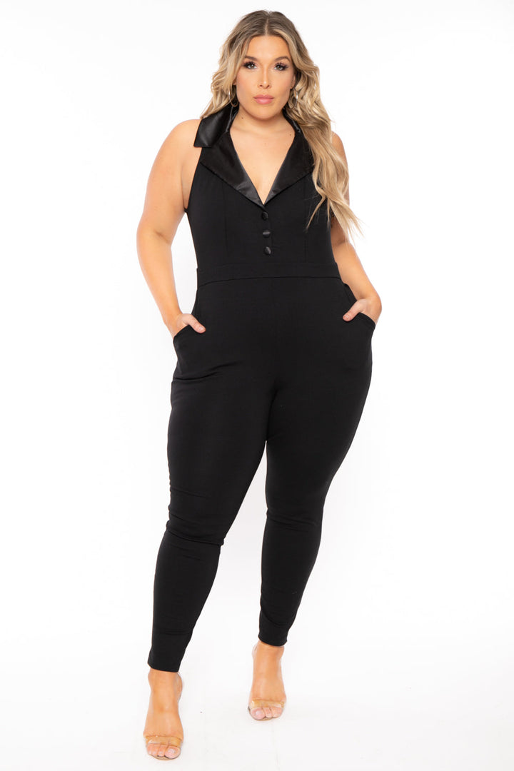 Curvy Sense Jumpsuits and Rompers 1X / Black Plus Size Keilani Satin Collar Jumpsuit - Black