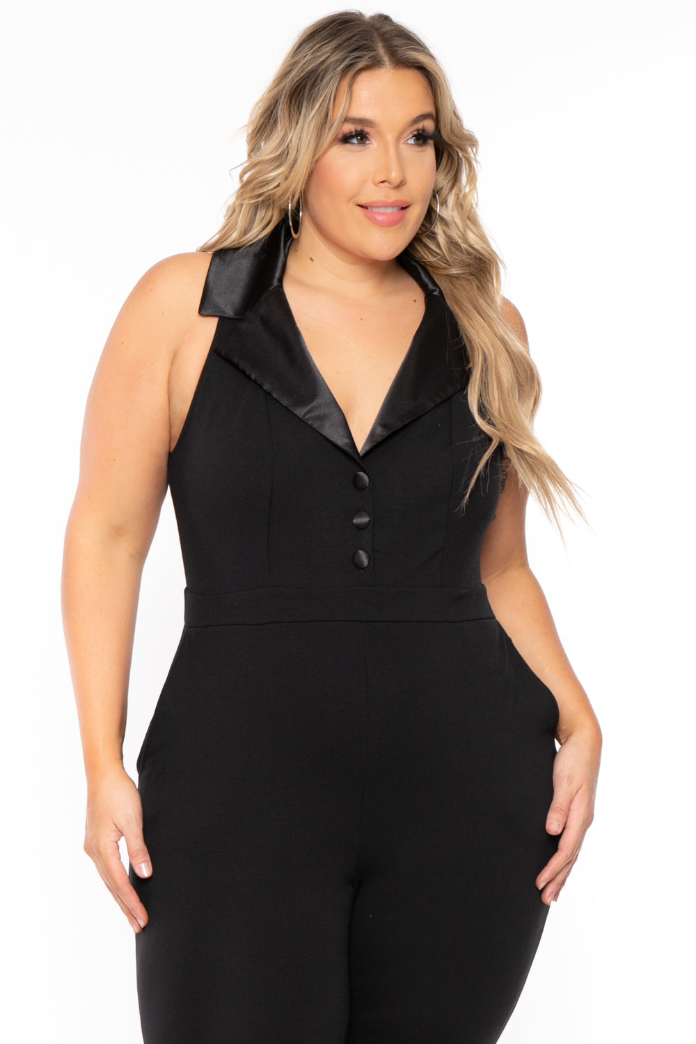 Curvy Sense Jumpsuits and Rompers Plus Size Keilani Satin Collar Jumpsuit - Black