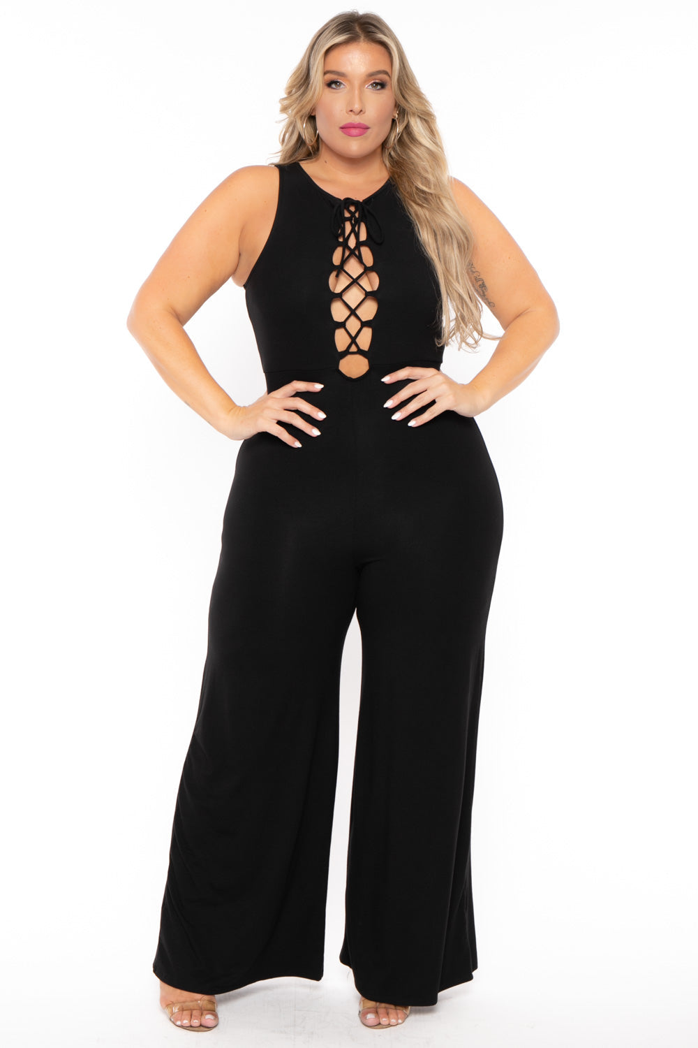 Curvy Sense Jumpsuits and Rompers 1X / Black Plus Size Kelly Lace Up  Jumpsuit- Black