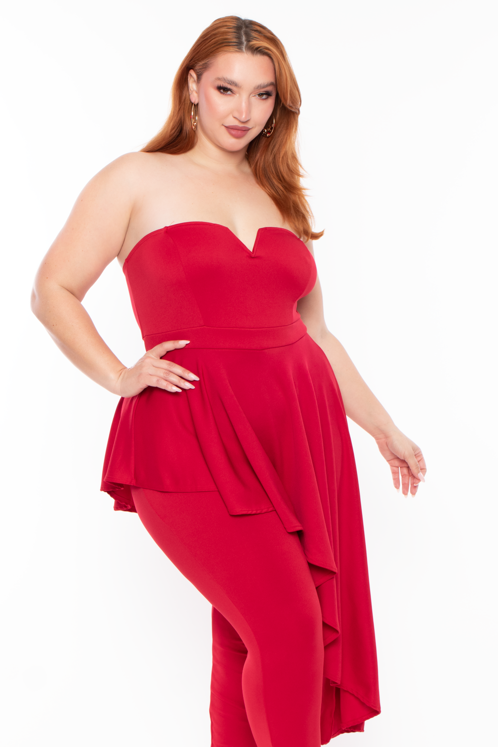 Plus Size Kelsey Cascading Ruffle Jumpsuit - Red - Curvy Sense