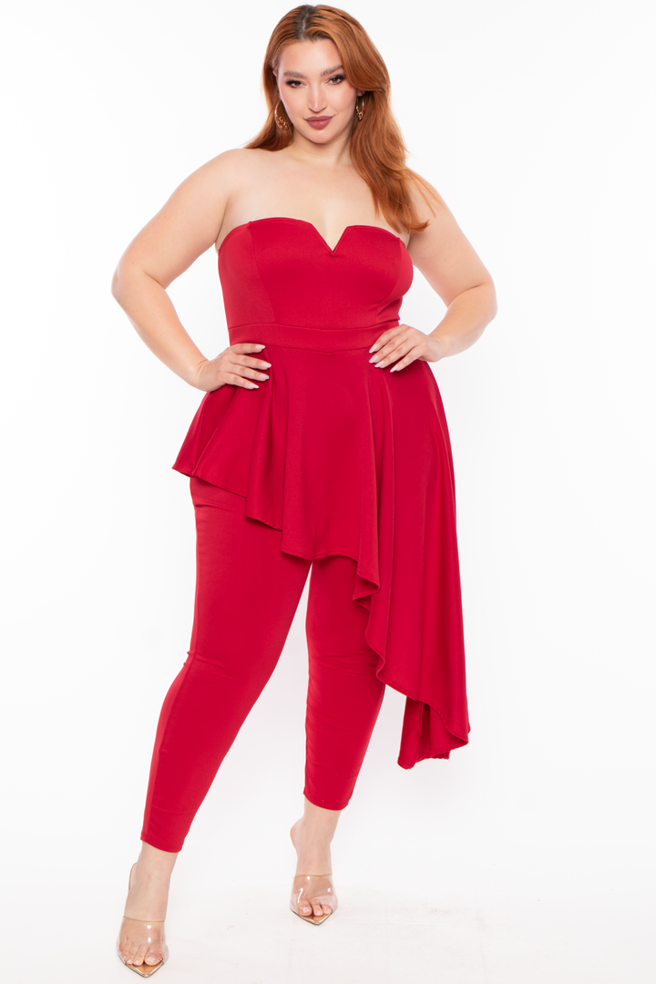 Plus Size Kelsey Cascading Ruffle Jumpsuit - Red - Curvy Sense