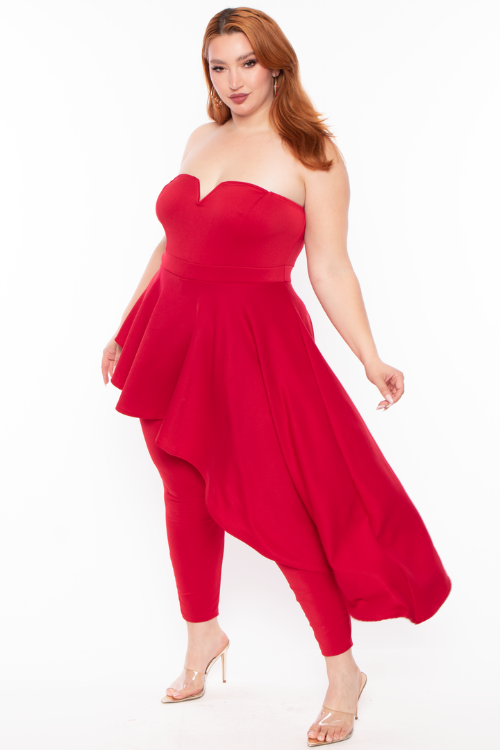 Plus Size Kelsey Cascading Ruffle Jumpsuit - Red - Curvy Sense