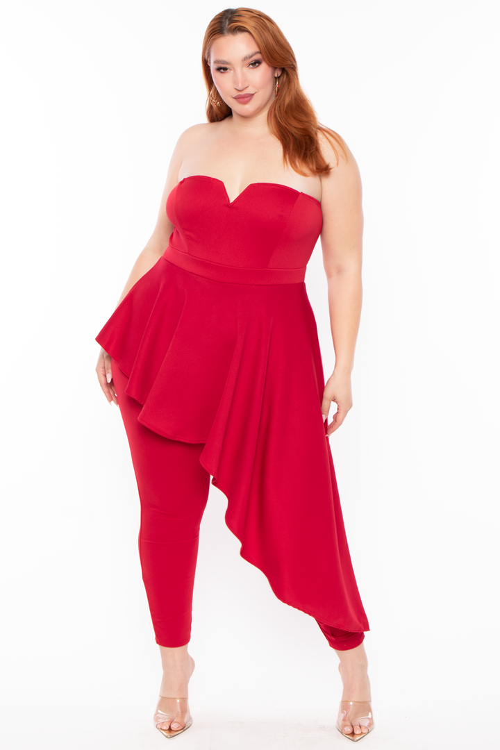 Plus Size Kelsey Cascading Ruffle Jumpsuit - Red - Curvy Sense