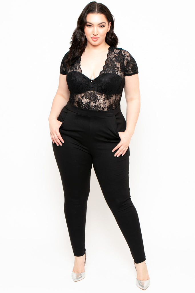 Long-Sleeved Knitted Sexy Low-Cut Lace Plus Size Tight Jumpsuit