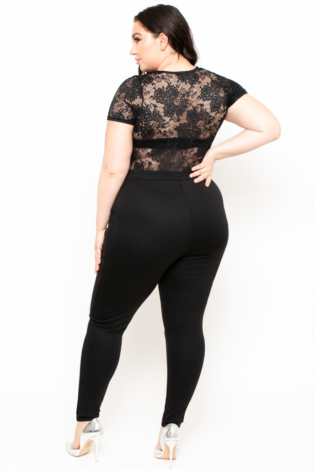 Plus Size Lace Top Jumpsuit - Black - Curvy Sense